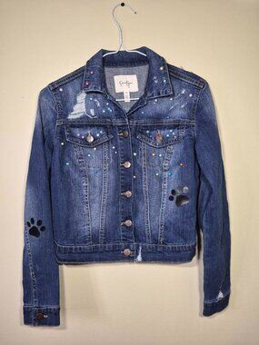 Jessica Simpson Girls XL 14/16 Pearl & Paw Print Distressed Denim Jacket NWOT